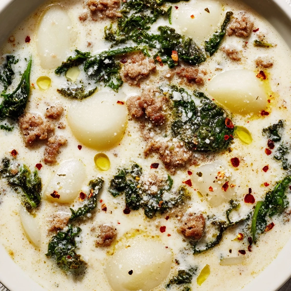 Creamy Zuppa Toscana soup loaded with crumbled sausage, tender potatoes, and wilted fresh kale