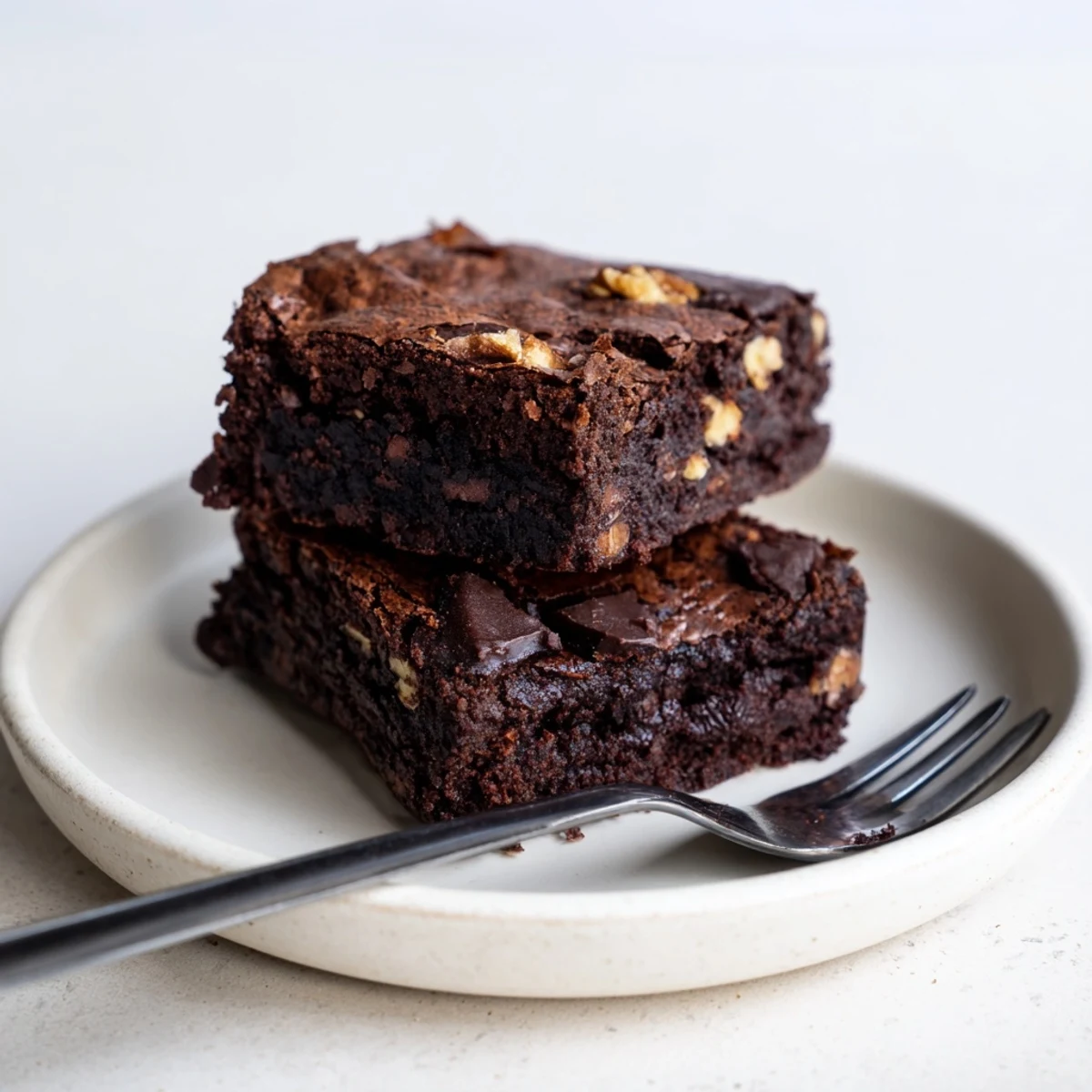 Fudgy ultimate brownies with a shiny crackly top cut into decadent squares