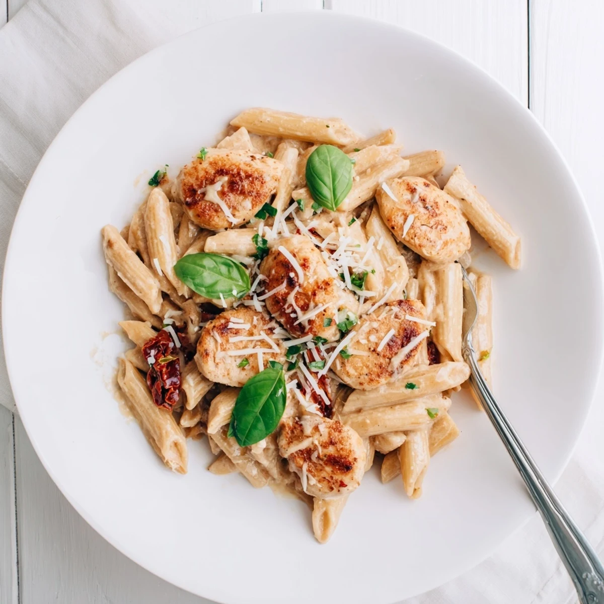 Creamy Copycat Sun Dried Tomato Marry Me Chicken Pasta in a rich golden skillet sauce topped with fresh basil