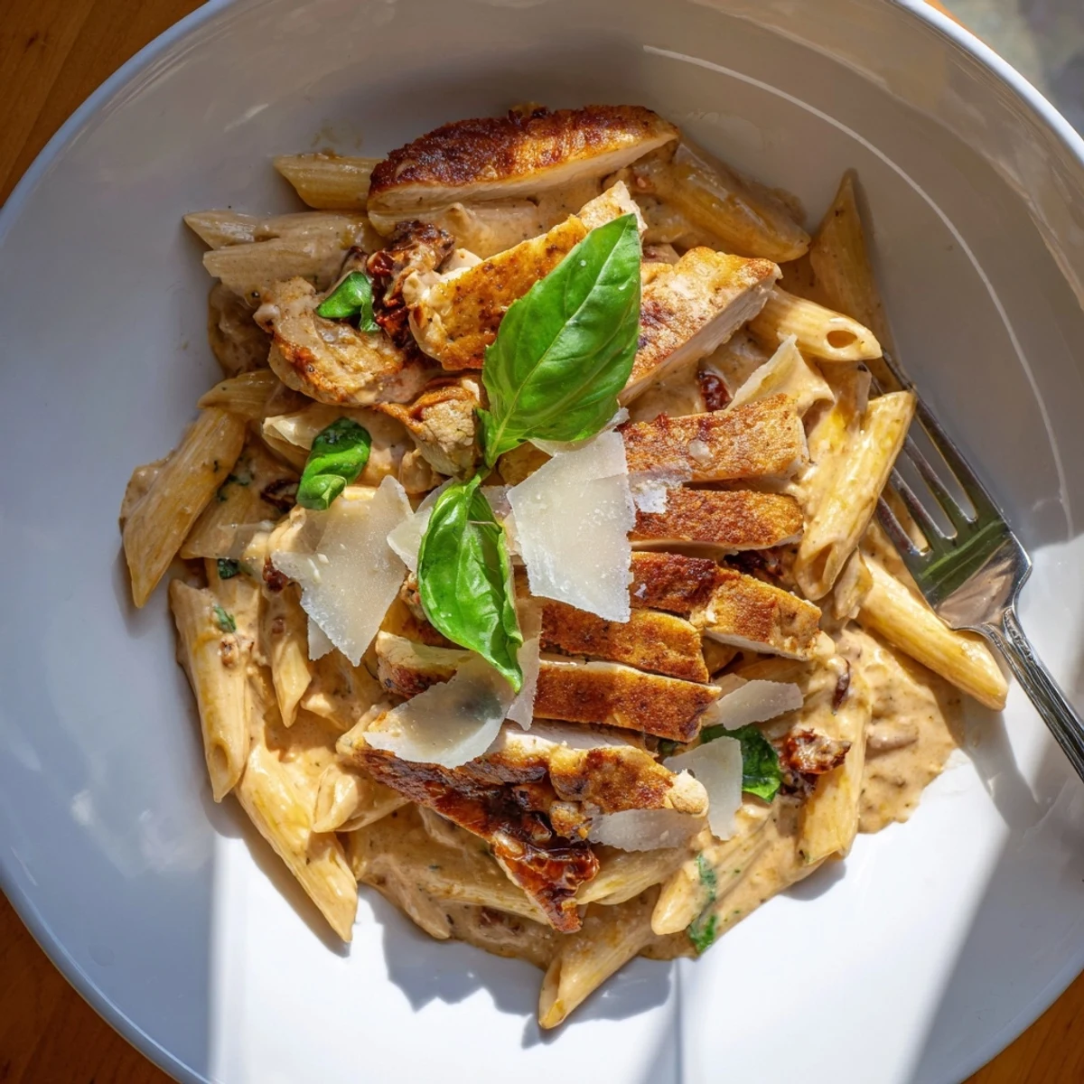 Tender sliced chicken nestled over Copycat Sun Dried Tomato Marry Me Chicken Pasta with melted Parmesan
