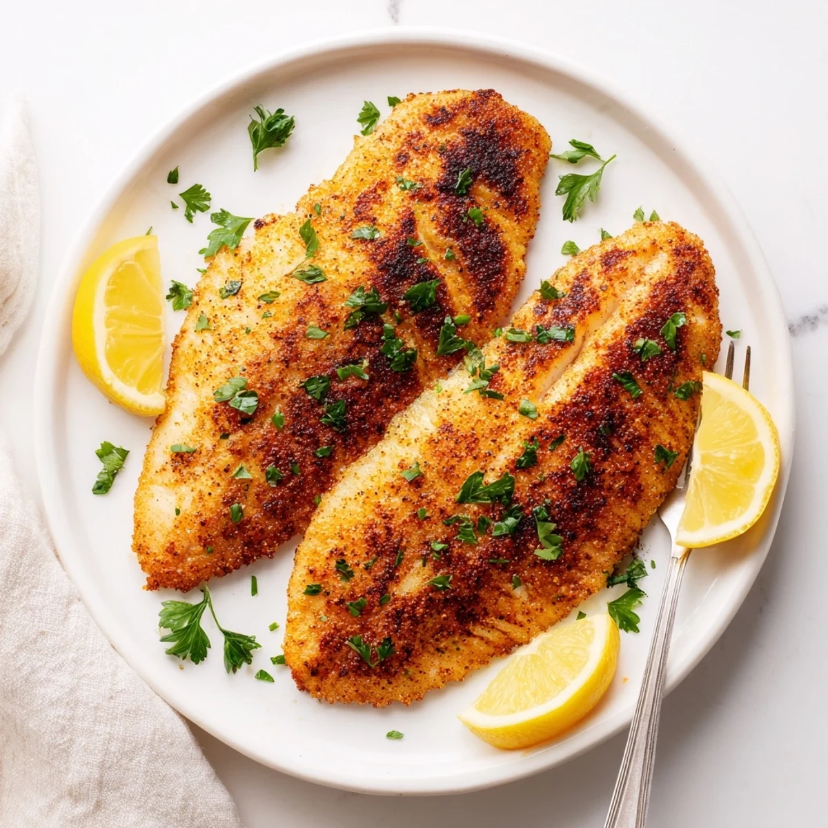 Golden pan fried tilapia fillets garnished with fresh parsley and lemon wedges on a white plate