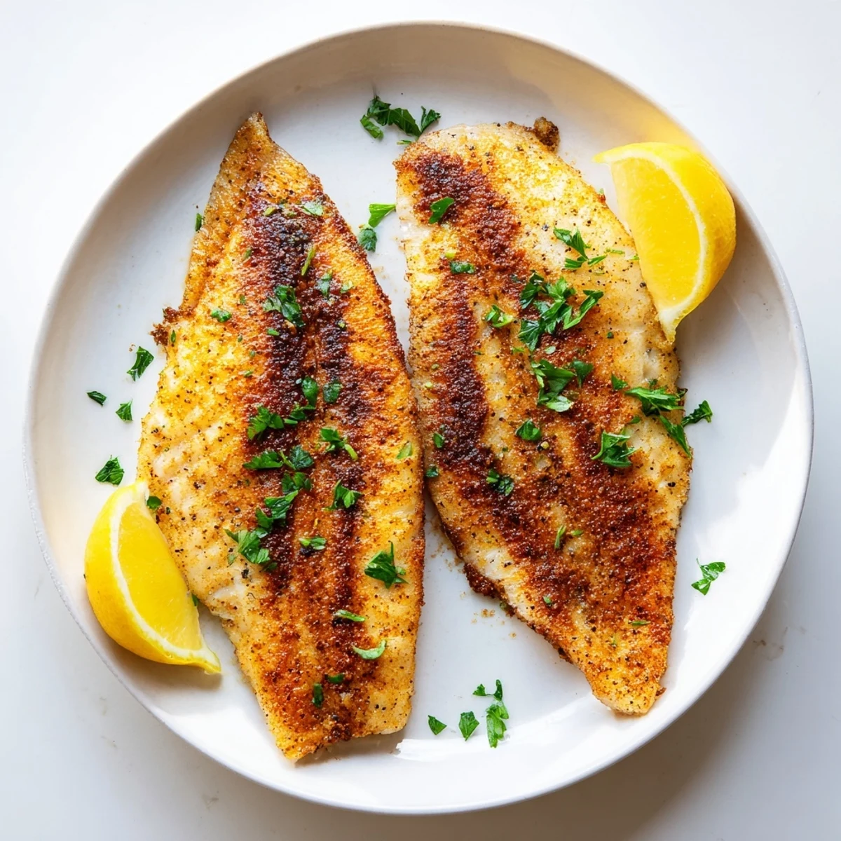 Pan fried tilapia served on a platter alongside steamed vegetables and bright lemon slices