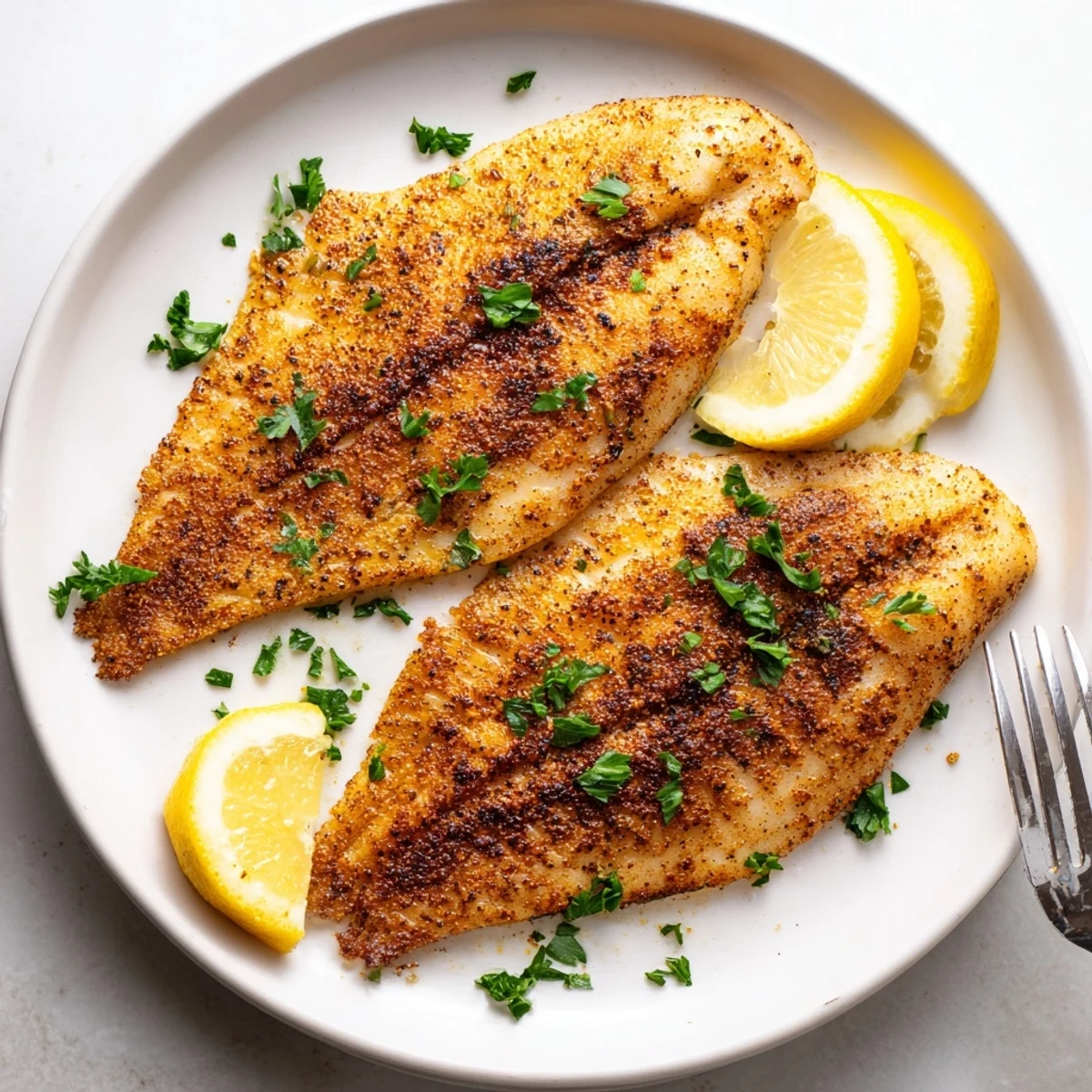 Crispy pan fried tilapia sizzling in a buttery skillet with a golden herb-crusted exterior