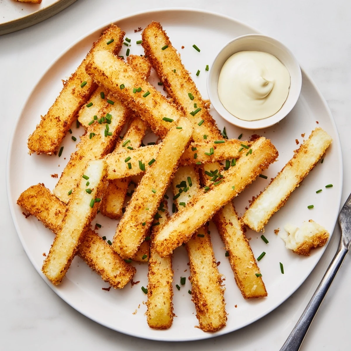Golden baked cottage cheese fries with crispy edges served on parchment paper
