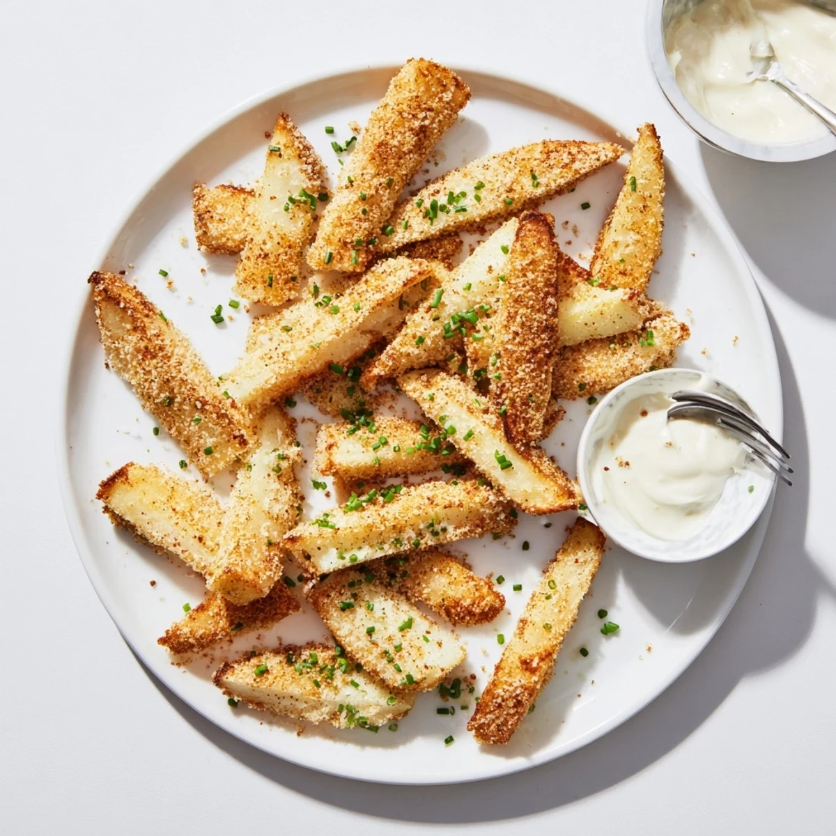 Crusty baked cottage cheese fries arranged in a rustic ceramic bowl