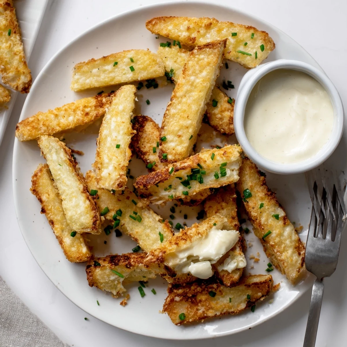 Hot baked cottage cheese fries next to a creamy garlic dipping sauce