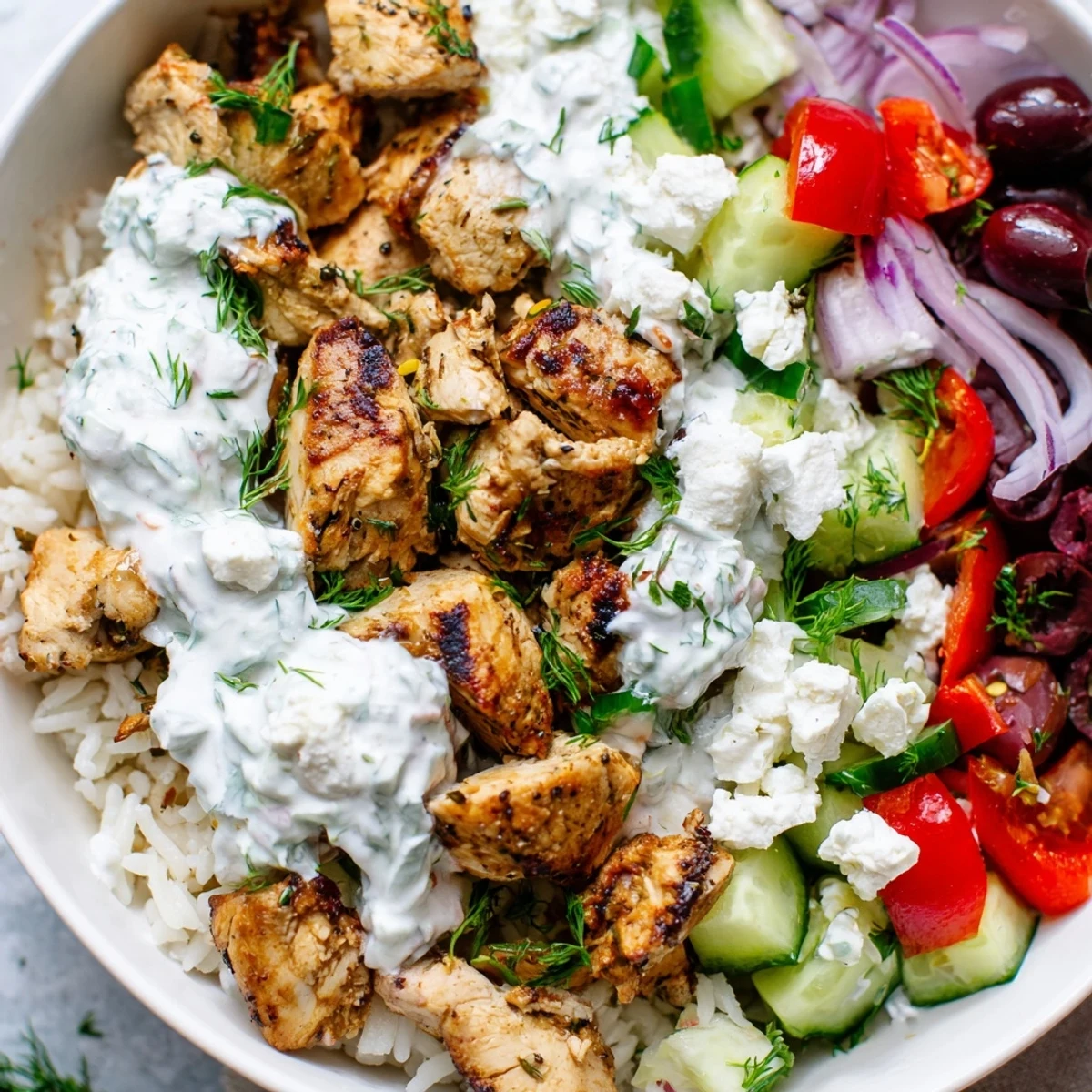 Golden grilled Greek Chicken Bowls with crisp cucumbers, juicy tomatoes, and creamy tzatziki over fluffy white rice.