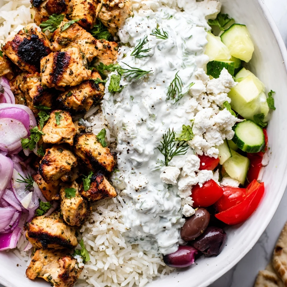 Vibrant Greek Chicken Bowls topped with crumbled feta, Kalamata olives, and cool herb tzatziki sauce.