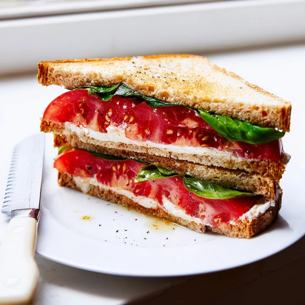Juicy ripe tomato sandwich with creamy mayo on golden toasted bread