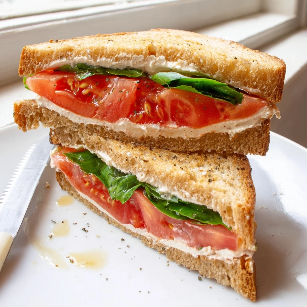 Classic summer tomato sandwich drizzled with olive oil on crusty bread