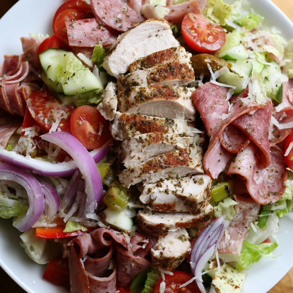 Italian Grinder Chicken Salad piled high with crisp romaine, pepperoncini, and provolone