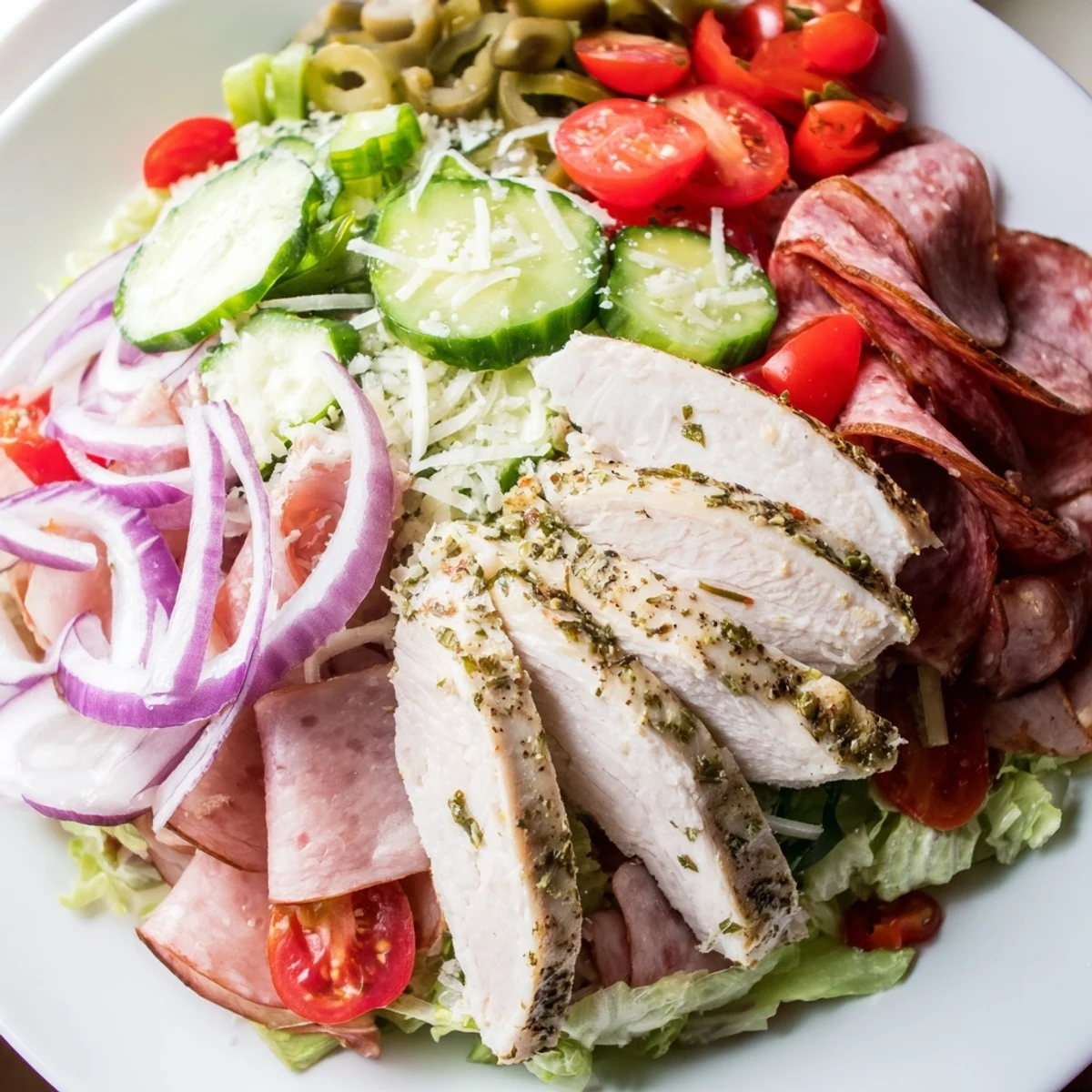 Juicy grilled chicken, salami, and ham layered over a vibrant Italian Grinder Chicken Salad