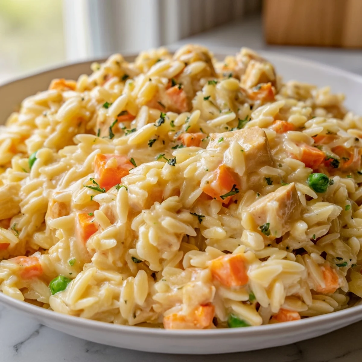 Steaming bowl of creamy chicken pot pie orzo with tender vegetables and golden chicken