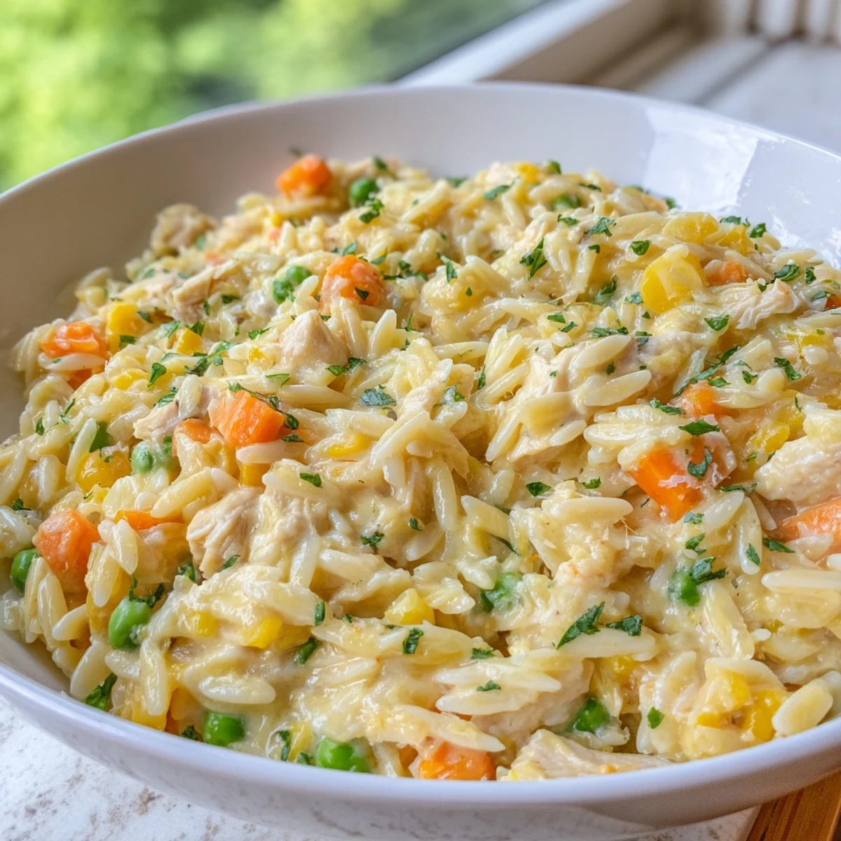 Creamy chicken pot pie orzo topped with grated Parmesan in a rustic skillet