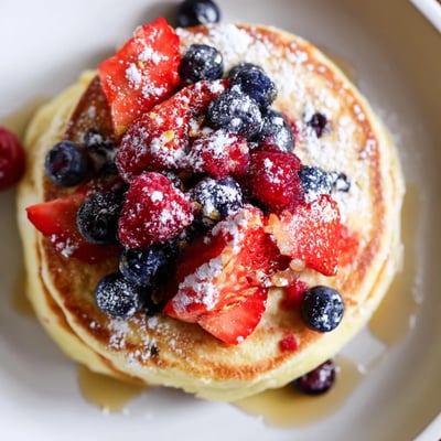 Golden-brown pancakes made with ricotta and lemon zest, served on a plate with fresh strawberries and blueberries.