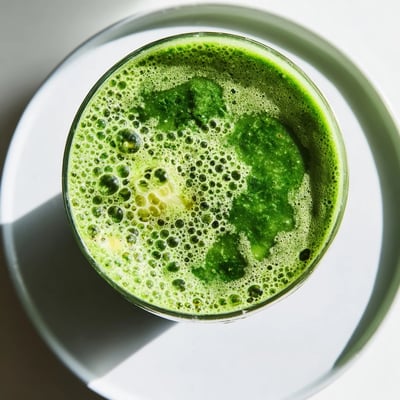 The fresh green detox smoothie with ginger is poured over ice for a refreshing sip.