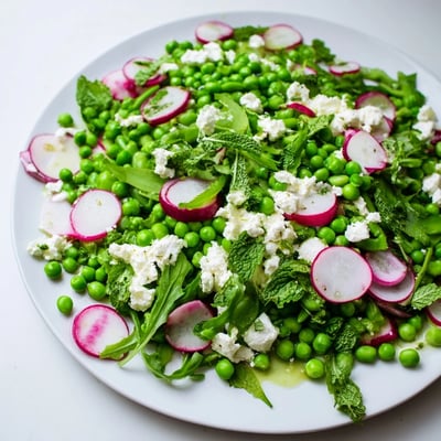 Spring Pea Salad with Radishes and Feta served in a white bowl, drizzled with lemony dressing and topped with creamy crumbled feta.  