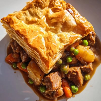 Steam rises from a hearty beef pot pie served in a rustic white baking dish.