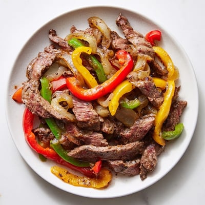 Freshly warmed flour tortillas stuffed with tender beef, sautéed peppers, and onions for an easy Beef Fajitas with Peppers and Onions.