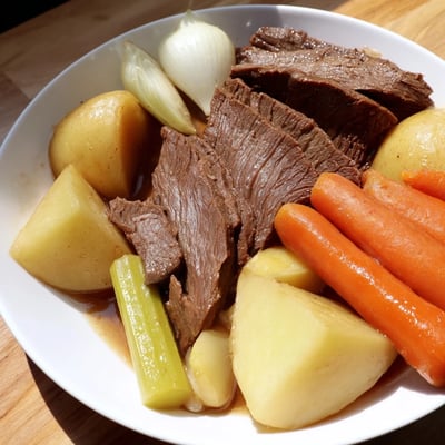 Tender Slow Cooker Beef Pot Roast with Root Vegetables on a rustic wooden table, garnished with fresh rosemary and served alongside carrots, potatoes, and onions.