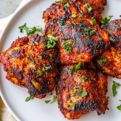 Heavily seasoned Cajun Spiced Grilled Chicken Thighs resting on a platter with lemon wedges and parsley.
