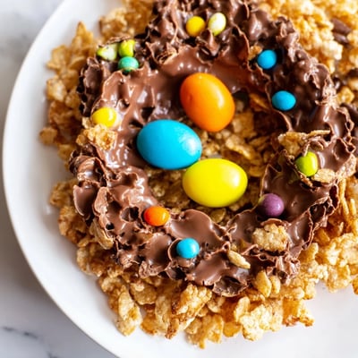 A close-up of a Chocolate Easter Egg Nest reveals crispy cornflake texture and rich melted chocolate, with mini candy eggs nestled inside.  