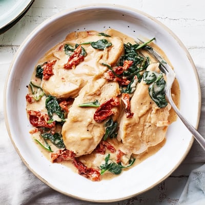 A close-up of creamy garlic chicken with spinach and sundried tomatoes served hot over a bed of fluffy white rice, steam rising.