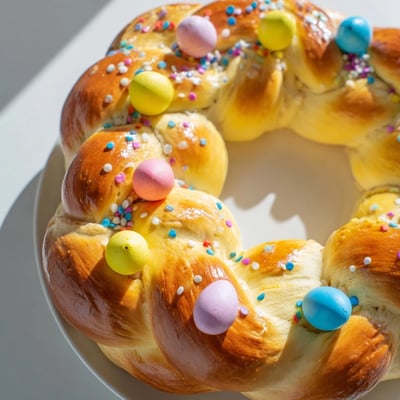 Freshly baked Easter Bread with Colored Eggs shows its soft, tender crumb and shiny egg wash on a rustic table.
