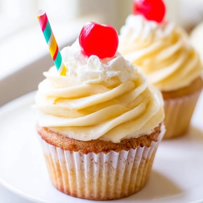 Golden banana milkshake cupcakes arranged on a rustic baking sheet cooling rack