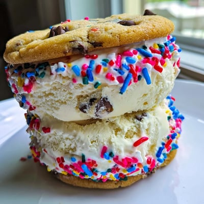 Bite-sized Patriotic Mini Ice Cream Sandwiches with creamy vanilla filling and crunchy rainbow sprinkle edges