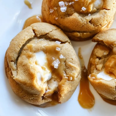 Soft caramel cheesecake cookies with creamy centers cooling on a rustic wire rack