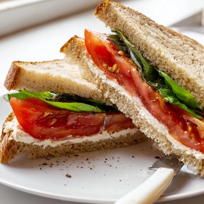 Thick sliced tomato sandwich topped with fragrant basil and cracked pepper